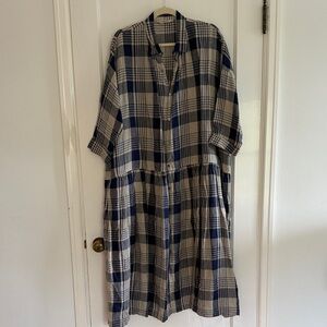 Ichi Antiquities Plaid Button-Up Midi Dress